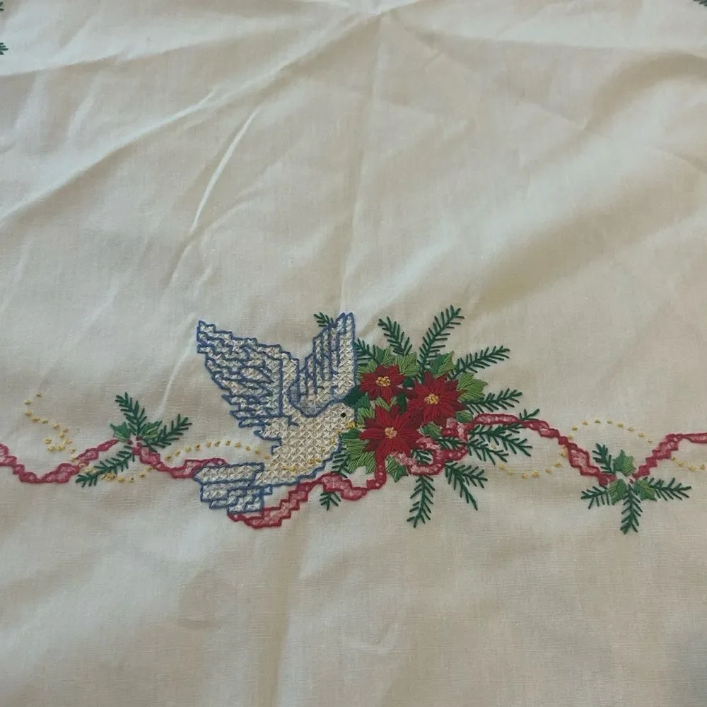 Vtg Handmade Embroidered Round Tablecloth Christmas Holly 57 inches * stains